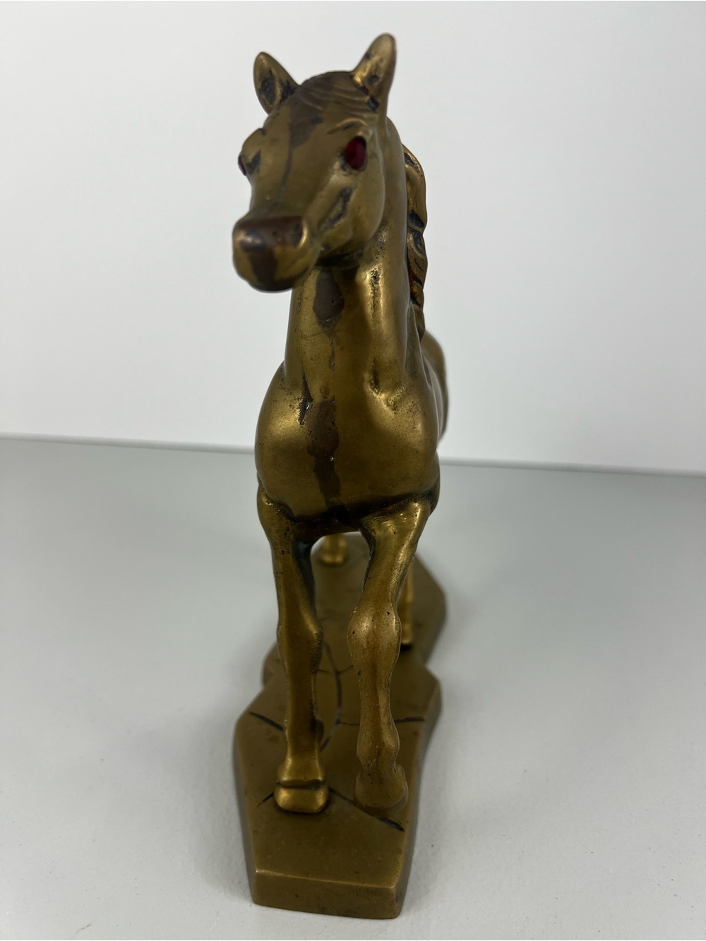 Vintage Solid Brass Horse Statue Red Rhinestone Eyes Mid Century Decor - Picture 2 of 13